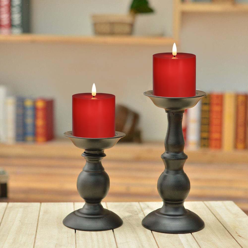 volnyus Red Flameless Candles Set of 3 (3x3 inch) Real Wax Flickering LED Candles Battery Operated with Remote Control Timers for Christmas Fireplace Party Dimmable Pillars Flat top