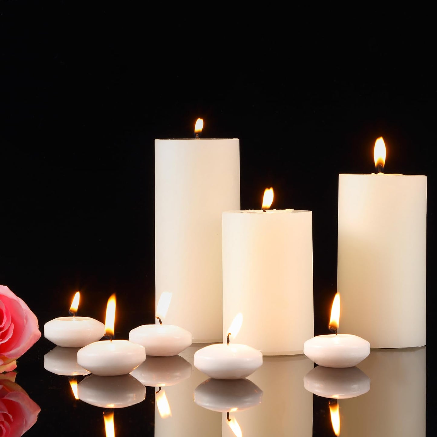 MTLEE 36 Pcs Thanksgiving Day Floating Candle 1.75'' 18 Pcs White Pillar Candles 4'' 5'' 6'' Diameter Dripless Wax Burning Unscented Decorative for Banquet Wedding Dining Party Home Decor