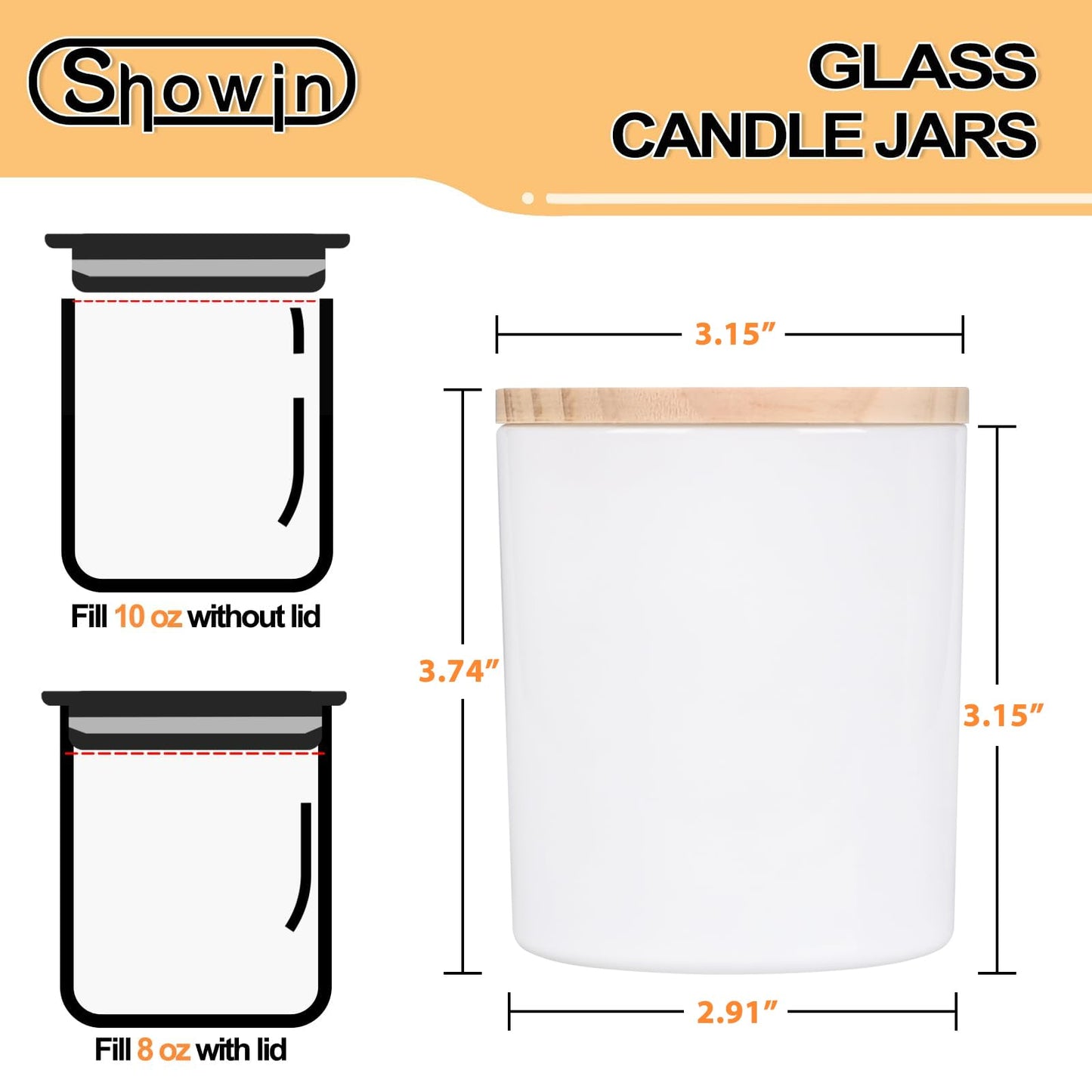 SHOWIN 10 OZ Thick Candle Jars for Making Candles 15 Pcs, Empty Jars with Wood Lids for Candle Making, Sample Container, Glossy White
