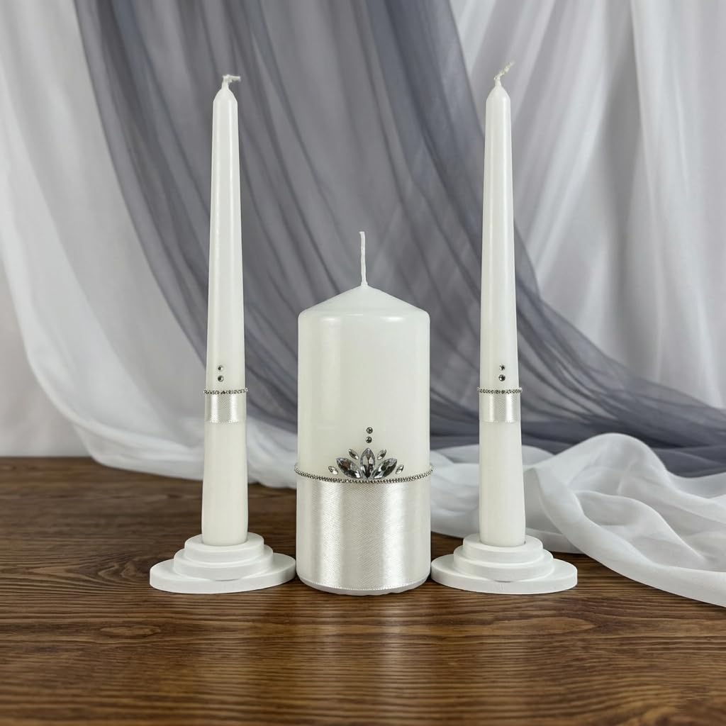 Magik Life Unity Candle Set - Wedding Ceremony & Reception Candle – 6” Pillar & Two 10” Taper Candles – Long Burning Unity Candles for Marriage Ritual – Handmade in USA –White |Classic|Crown