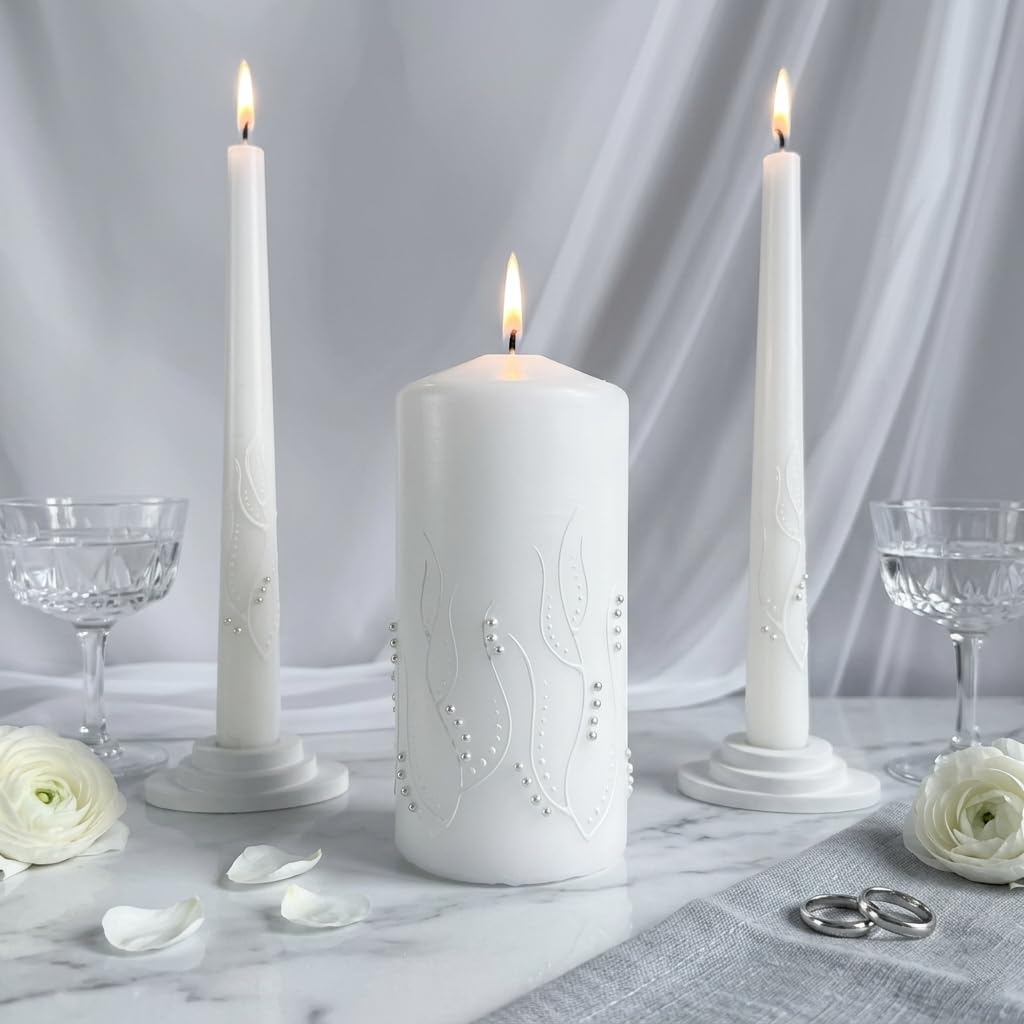 Magik Life Unity Candle Set - Wedding Ceremony & Reception – 6” Pillar & Two 10” Taper Candles – Long Burning Unity Candles for Marriage Ritual – Handmade in USA – White | Paint