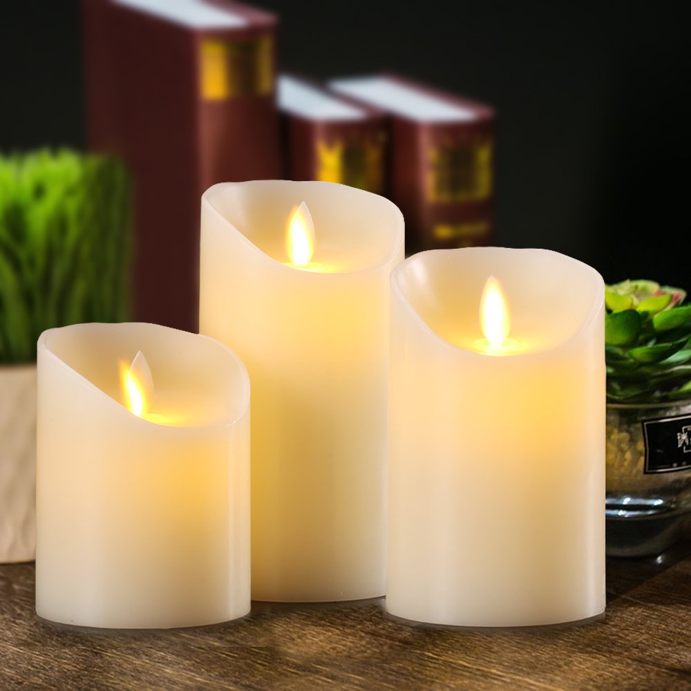 AKU TONPA Flameless Candles Battery Operated Pillar Real Wax Electric LED Flickering Candle Sets with Remote Control Cycling 24 Hours Timer, 4" 5" 6" Pack of 3 (Ivory)