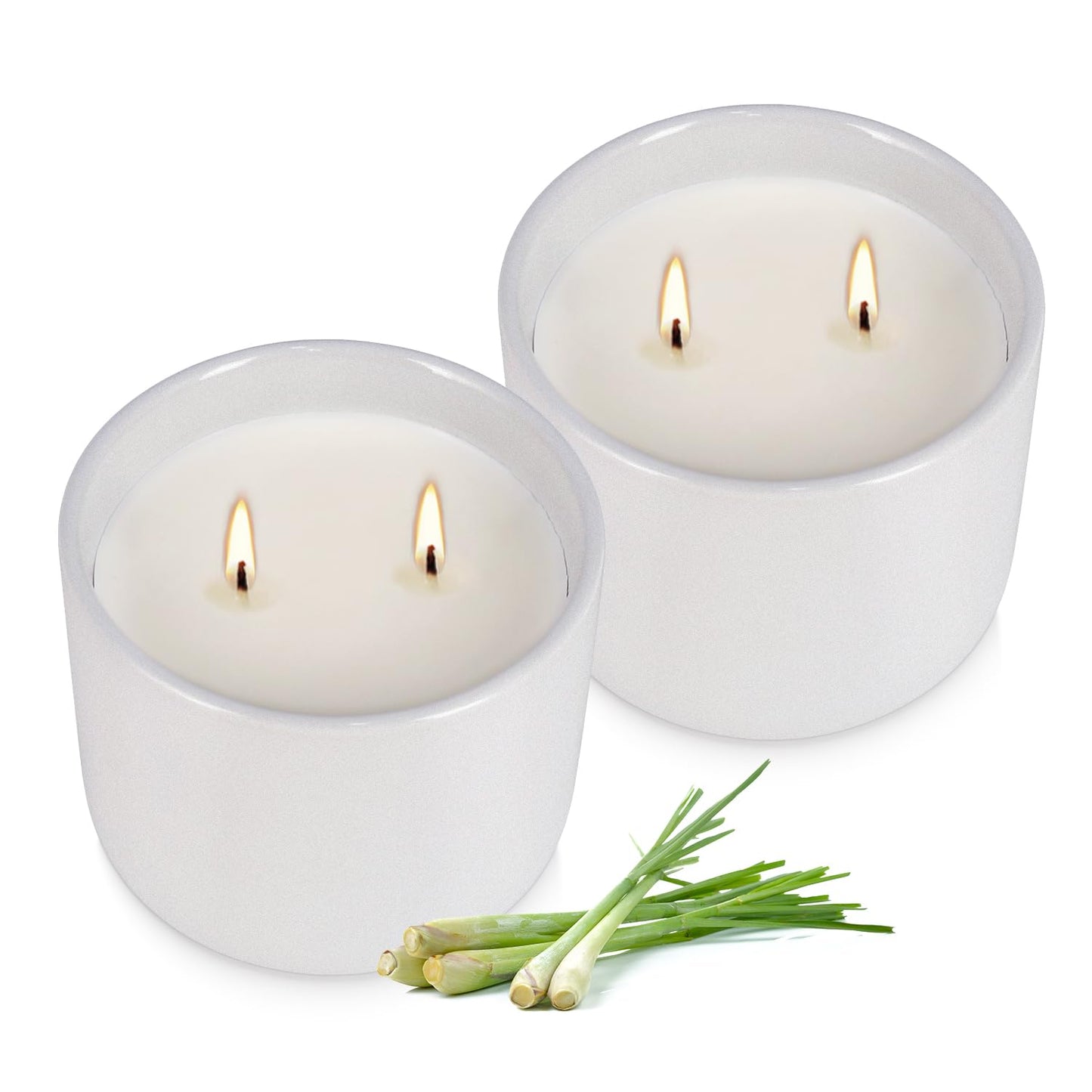 Wfmolcand 2-Pack Citronella Candles in White Ceramic Jars - 2 Cotton Wicks, Citronella Oil with Elegant White Pillar Design Perfect for Outside Patio, Camping & Garden, Summer Gifts for Indoor Home
