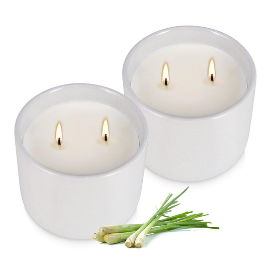 Wfmolcand 2-Pack Citronella Candles in White Ceramic Jars - 2 Cotton Wicks, Citronella Oil with Elegant White Pillar Design Perfect for Outside Patio, Camping & Garden, Summer Gifts for Indoor Home