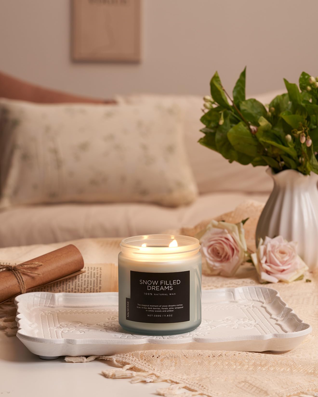 M&SENSE Snow Filled Dreams Winter Scented Candle, 11.6oz Natural Soy Wax 70 Hours Long Lasting 2 Cotton Wick Aromatherapy Gifts for Home Decor,Clean Candle for Men and Women