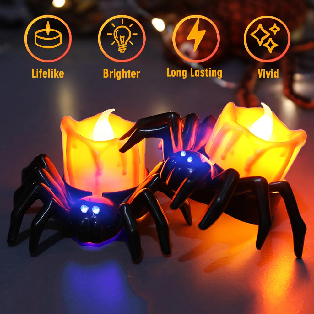6 Pack Halloween Flameless LED Candle Lights, 3D Spider LED Tealight Candles with Bright Warm Yellow&Purple Light, Battery Operated Led Decorative Candle Lights for Home, Halloween, Christmas Decor