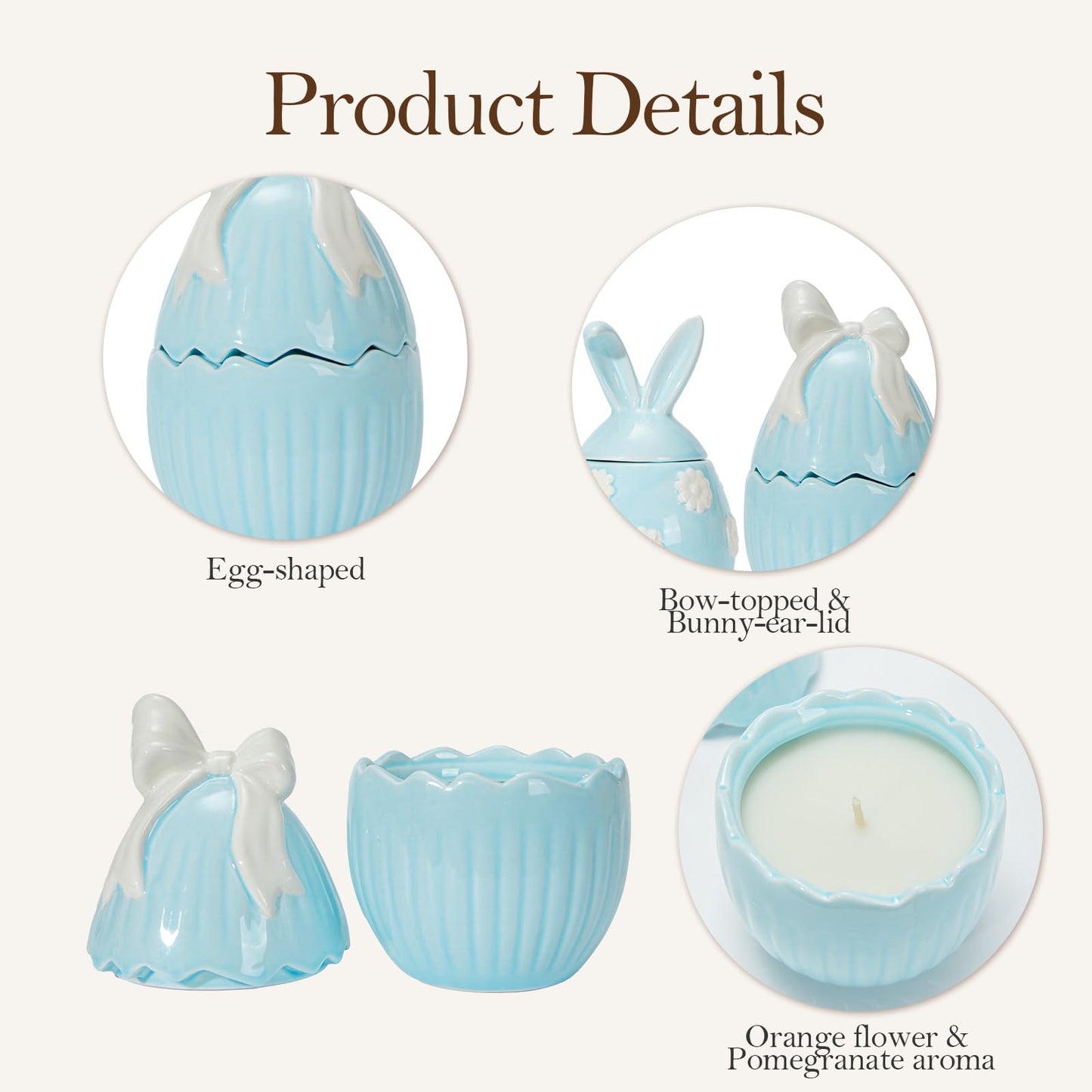 WDS WONDROUS 2-Pack Easter Bunny & Bow Ceramic Jar Candles, Egg Shaped Soy Wax Scented Candles with Daisy and Striped Design, Spring Home Decor Gift Set for Women, Blue Farmhouse Table Centerpiece