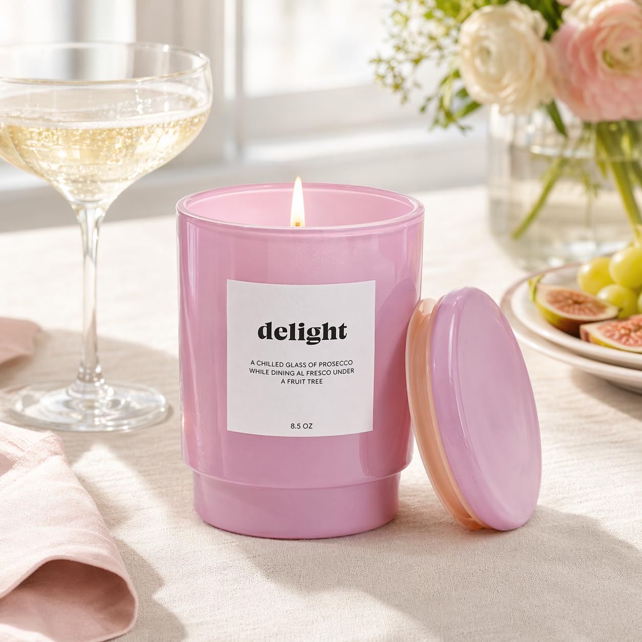 AromaLight 8.5oz with Lid Glass Jar Candle in Pink – Blushing Pink Prosecco Scent, Delight Collection, Perfect Mini Gift