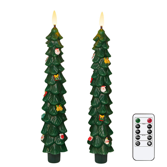 AVEKI Christmas Tree Flameless Taper Candles with Remote, 2 Pcs LED Christmas Tree Candles Real Wax with 3D Flame, 9.7" Battery Operated LED Candlesticks for Home Fireplace Christmas Decor (2 PCS)