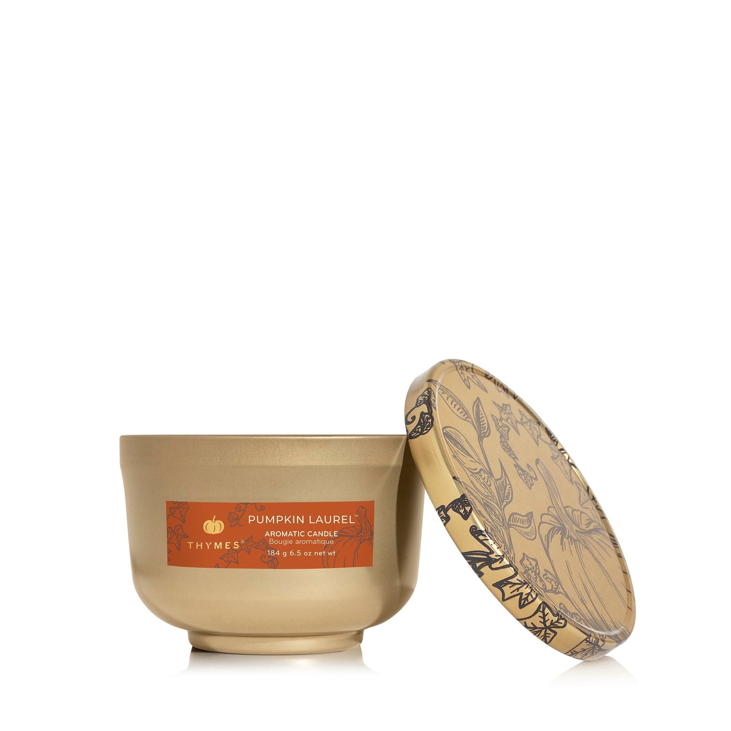 Thymes Scented Candles for Women & Men – Tin with Lid – Luxury Home Decor – Pumpkin Candles with Notes of Nutmeg, Cinnamon, Clove, & Orange Peel – Fall Decor (Pumpkin Laurel, 6.5 oz)