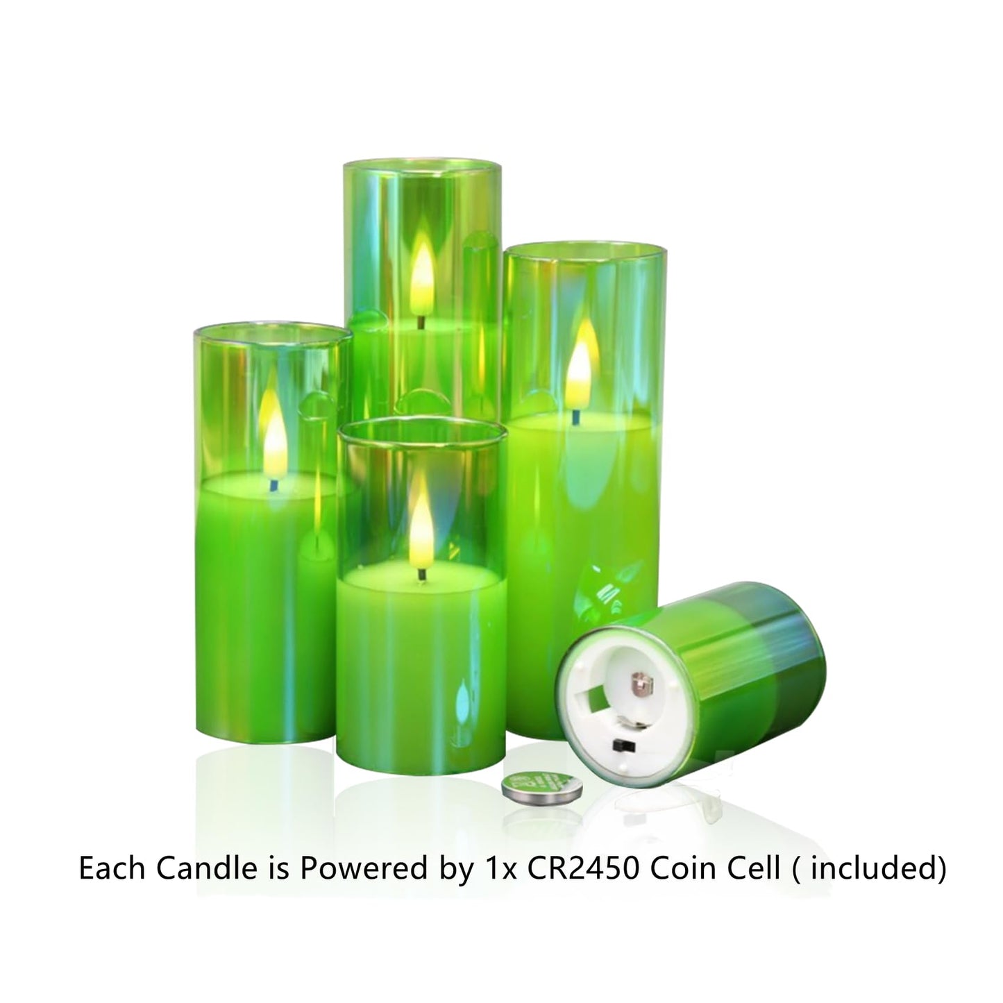 Eywamage Green Glass Flameless Candles with Remote Batteries, LED Pillar Candles Flickering Spring Home Decor Set of 5