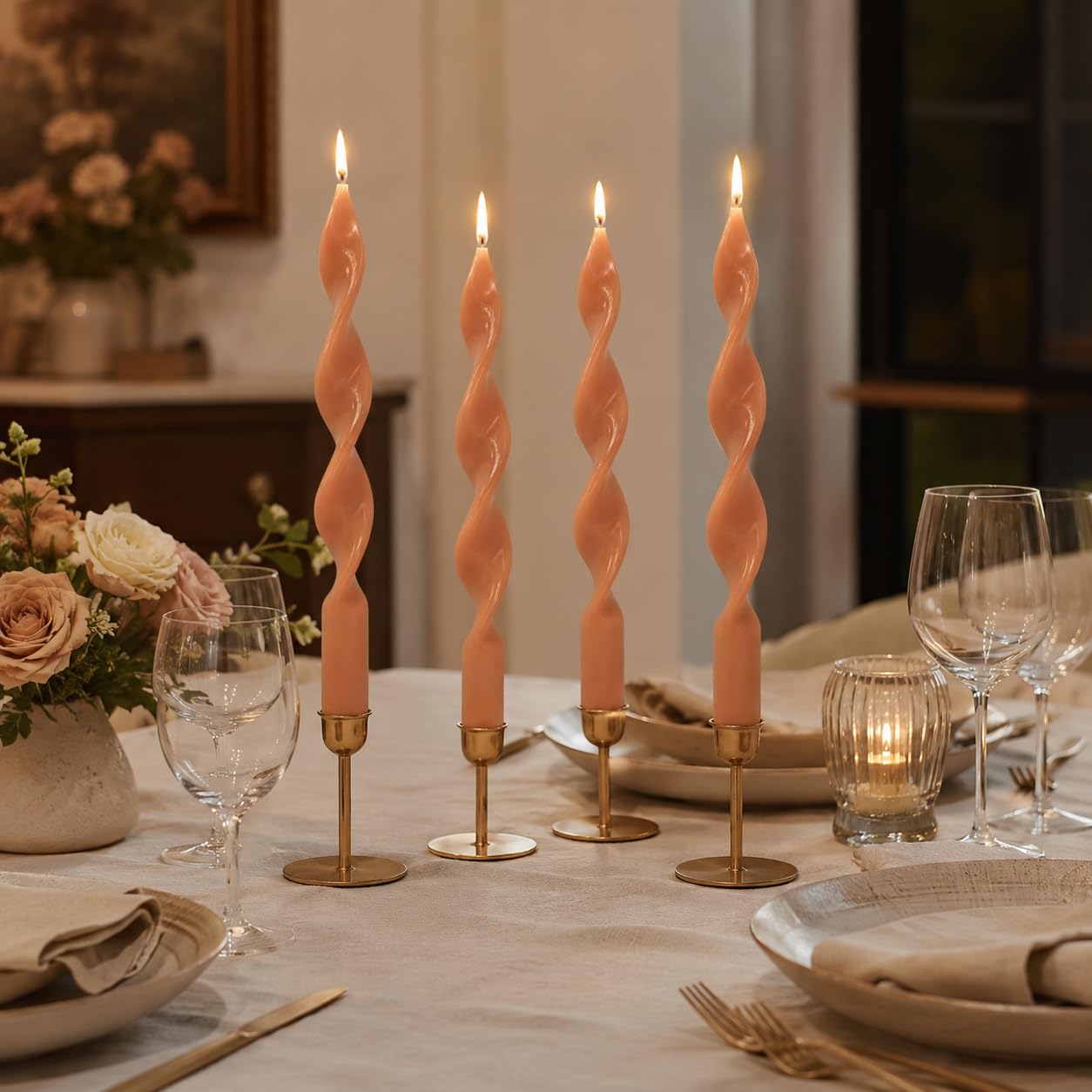 Spiral Taper Candles Set of 4, 10 Inch Terracotta Handmade Candle Stick, Unscented Tapered Candles, Twisted Candles for Wedding Dinner Home Decor Gift