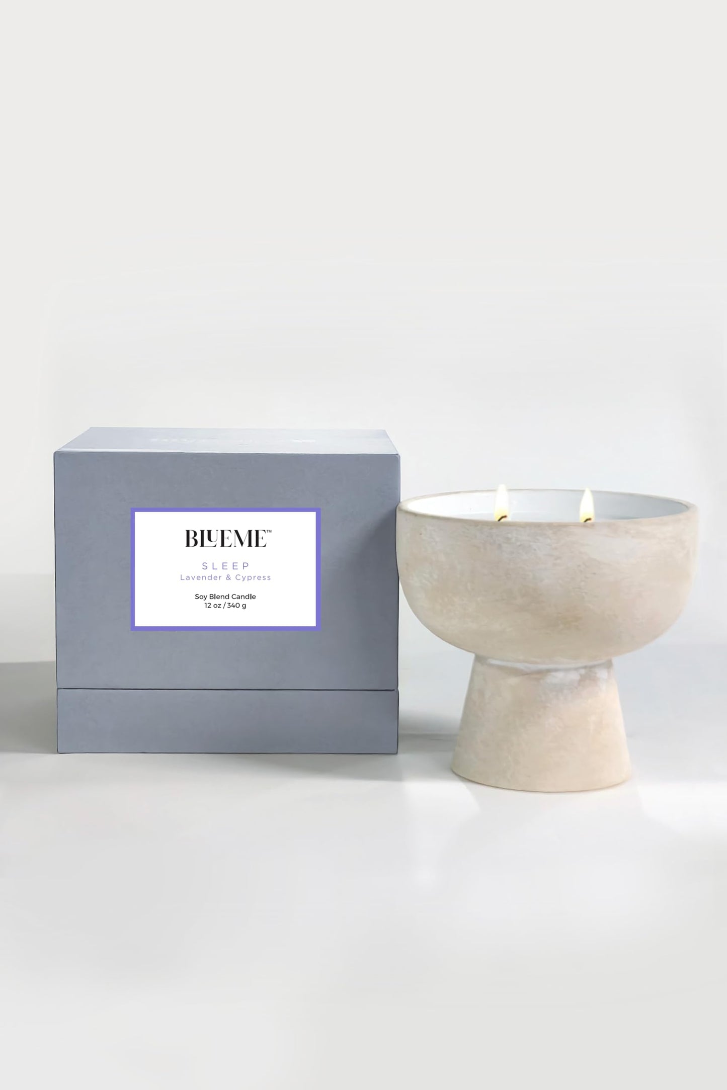 Blueme Sleep Candle | Lavender & Cypress | 2 Wick - Refillable Wellness Candle with Essential Oils, Hand Finished & Poured Soy Wax Blend Ceramic Vessel, Natural Cotton Wicks | Medium 12 oz