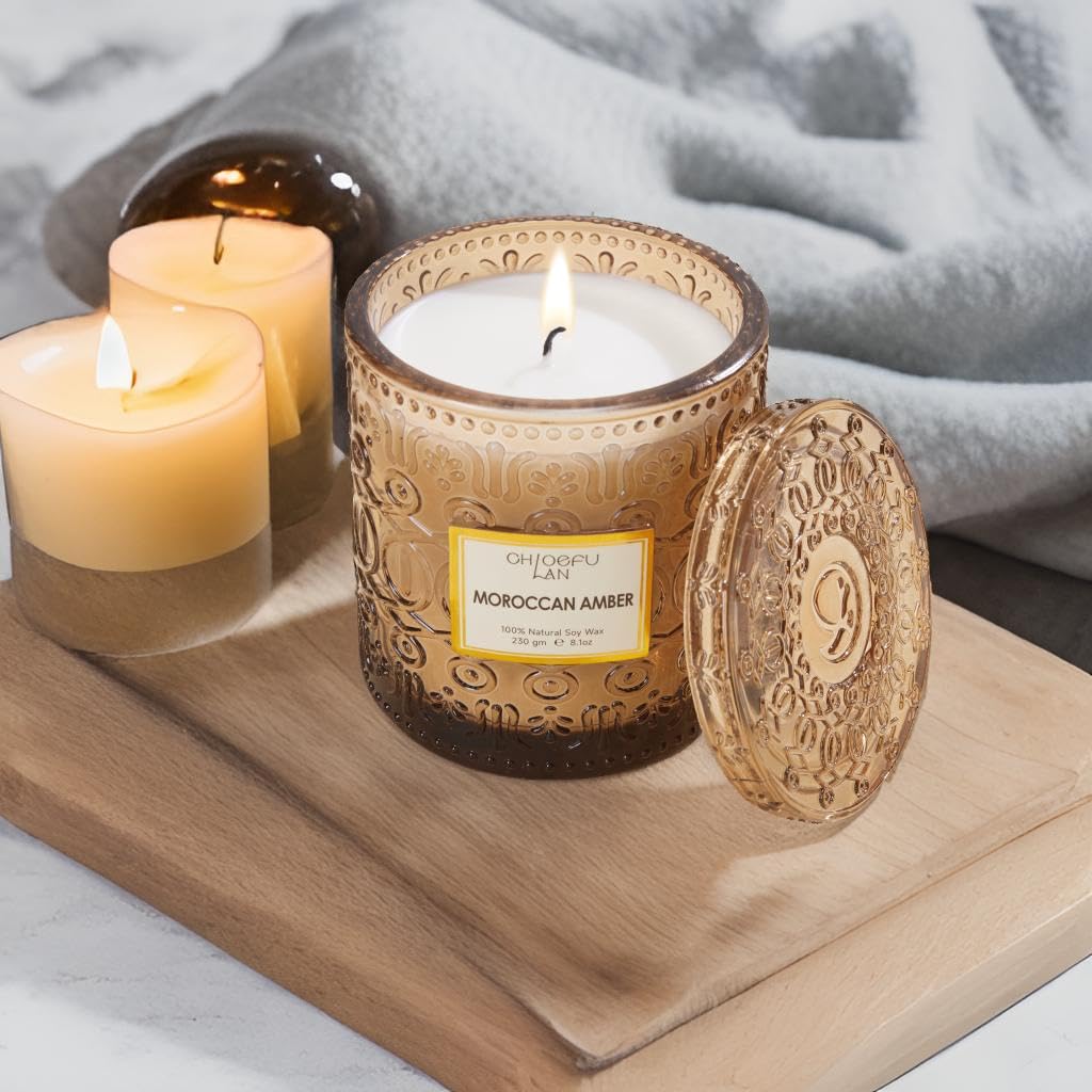 Chloefu LAN Amber Candles for Home Scented, Gifts for Women & Men, Luxury Glass Jar Candle, Natural Soy Wax, Home Decor, 55 Hours Long Burning, 8.1 oz