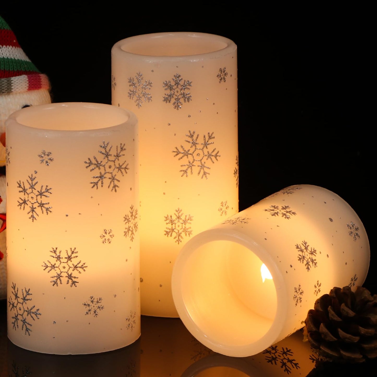 KunSween Christmas Flameless Candles with Timer, 3 Pack LED Pillar Candles with Silver Snowflake Decals and Real Wax, Christmas Winter Decorations for Home Indoor Table Centerpieces
