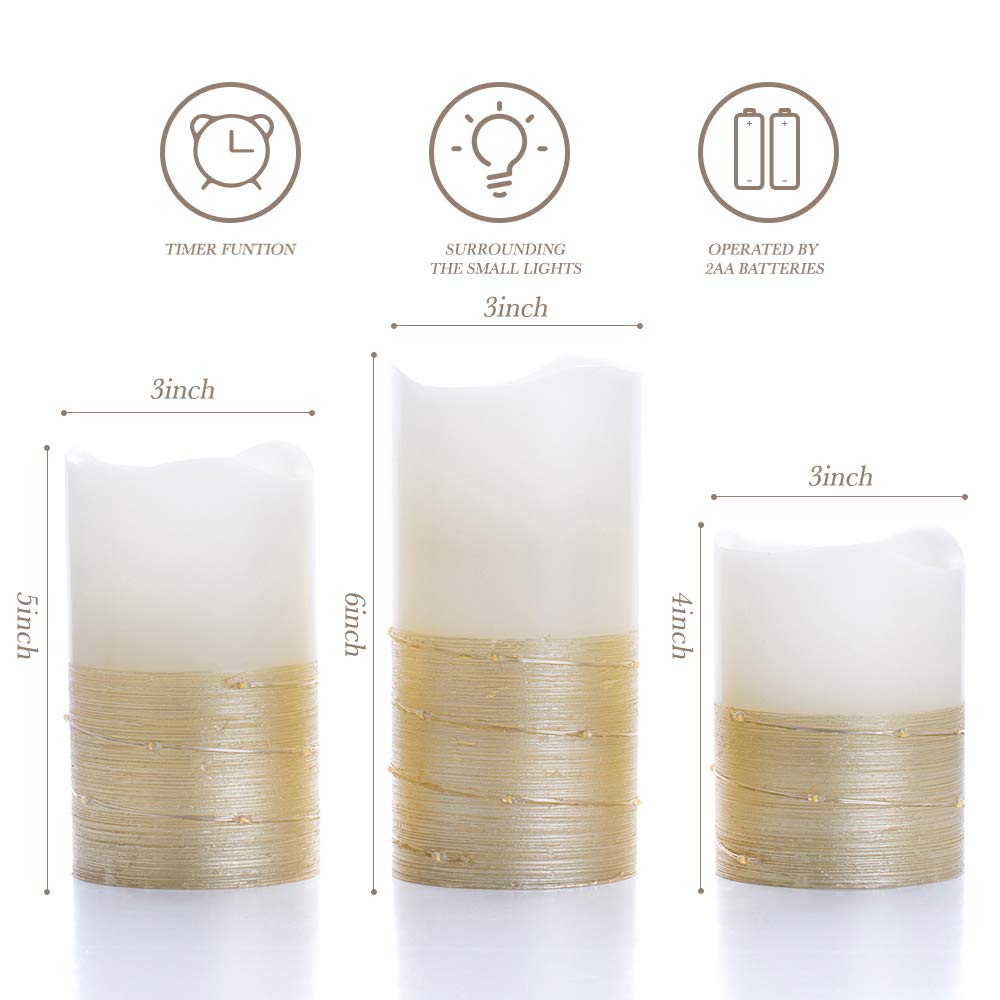 BeMoment Flickering Flameless Candles with Timer, Battery Operated Candle Embedded String Lights, Gold Paint Finish, Ideal for Home Decor, Holidays, and Festivals, 3pcs (D 3" x H 4" 5" 6")