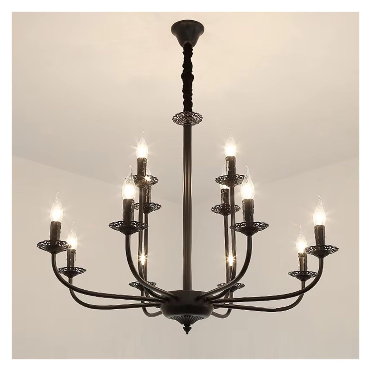Wrought Iron Chandelier Candle Light Black Metal Lighting Fixture for Living Room Foyer Art Hanging Pendant Lamp,Luxury Style