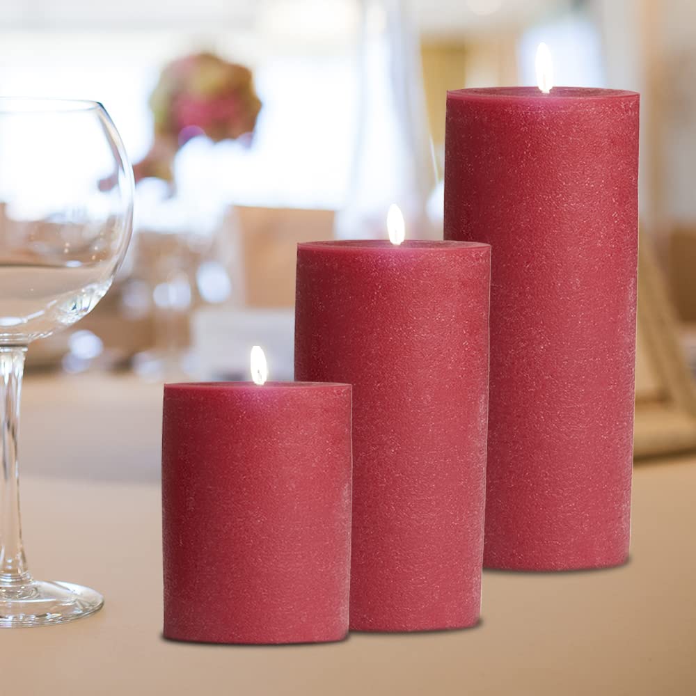 BASK Mottled Pillar Candles - Unscented Burgundy Candles Set of 3 - Dripless, Smokeless for All Occasions
