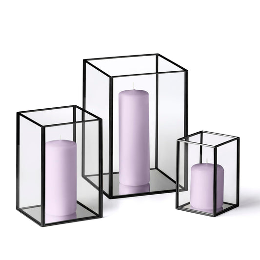 Yummi Set of 36 Slim Pillar Candles & Black Luxus Lanterns - Lavender