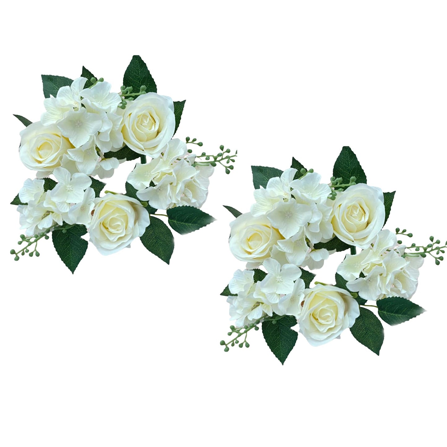 2PCS Artificial Roses Candle Rings Wreaths 4 Inch Center for Pillars Wedding Centerpiece Table Decorations Fake Rose Eucalyptus Leaves Floral Candle Ring for Holiday Party Supplies (White)