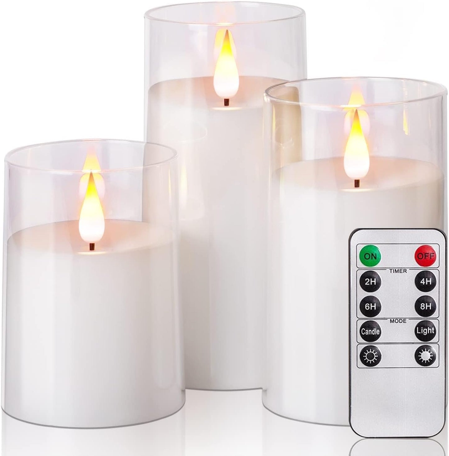 NICEME Flickering Flameless Candles with Remote Control Timer Unbreakable Acrylic Battery Operated LED Candles with Flickering Flame 3D Wick for Romantic Ambience Home Decor Set of 3, D3” xH4” 5” 6”