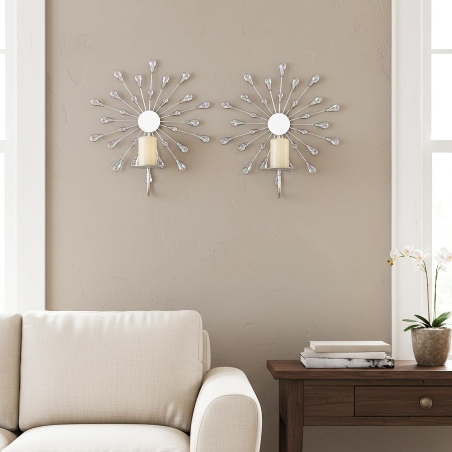 ZEXUIRU 2 Set Starburst Candle Sconces for Wall Decor Living Room Bedroom Dining Room Metal Bling, Crystal, Mirrored Modern Wall-Mounted Candle Sconce Holders Hanging Decor-Silver 13in