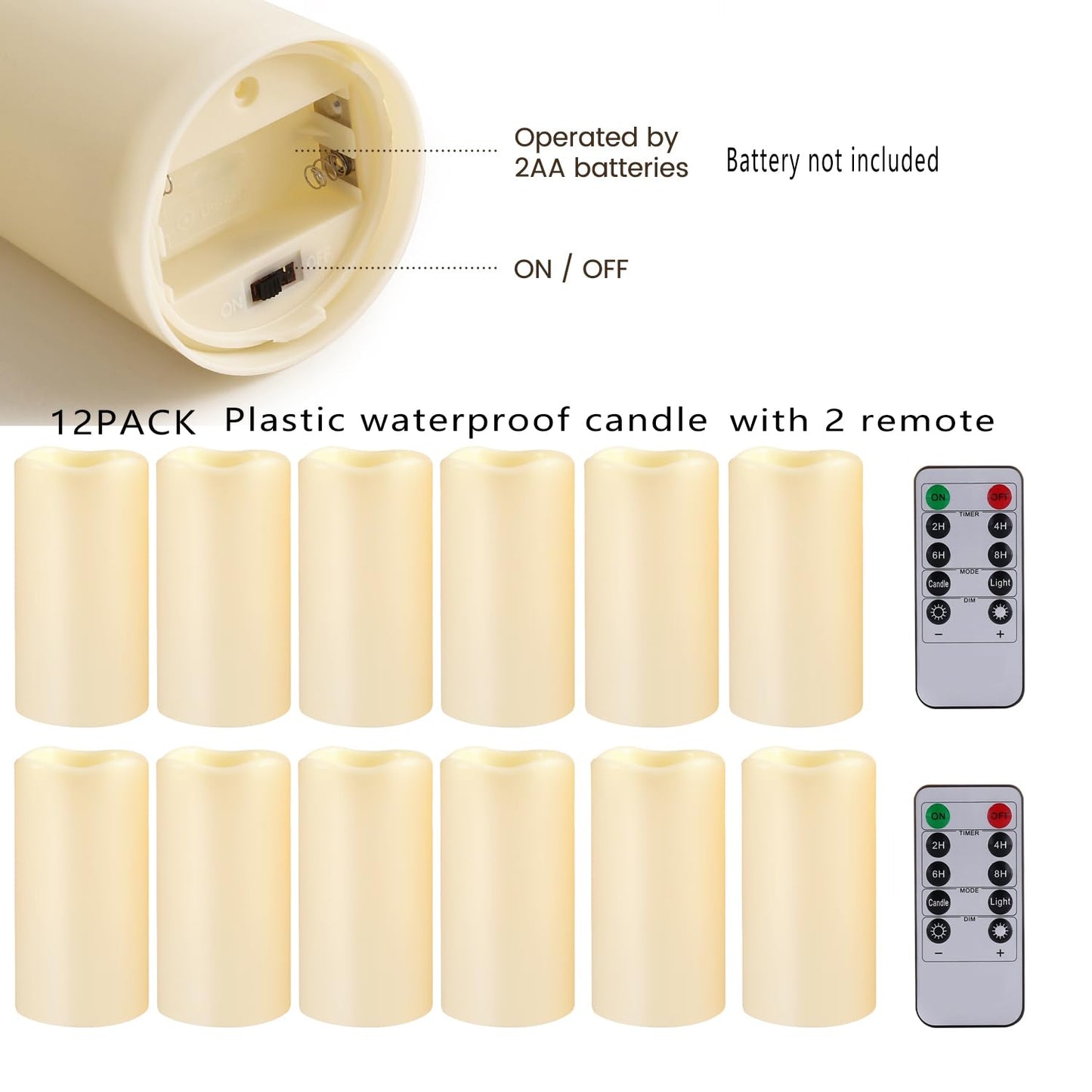 12PACK Waterproof Flameless Candles with Remote Control Candle, Battery Operated Flickering LED Pillar Candle Plastic,Large Size(D3 x H5.5) for Outdoor/Indoor Decoration Wedding, Party, Birthday