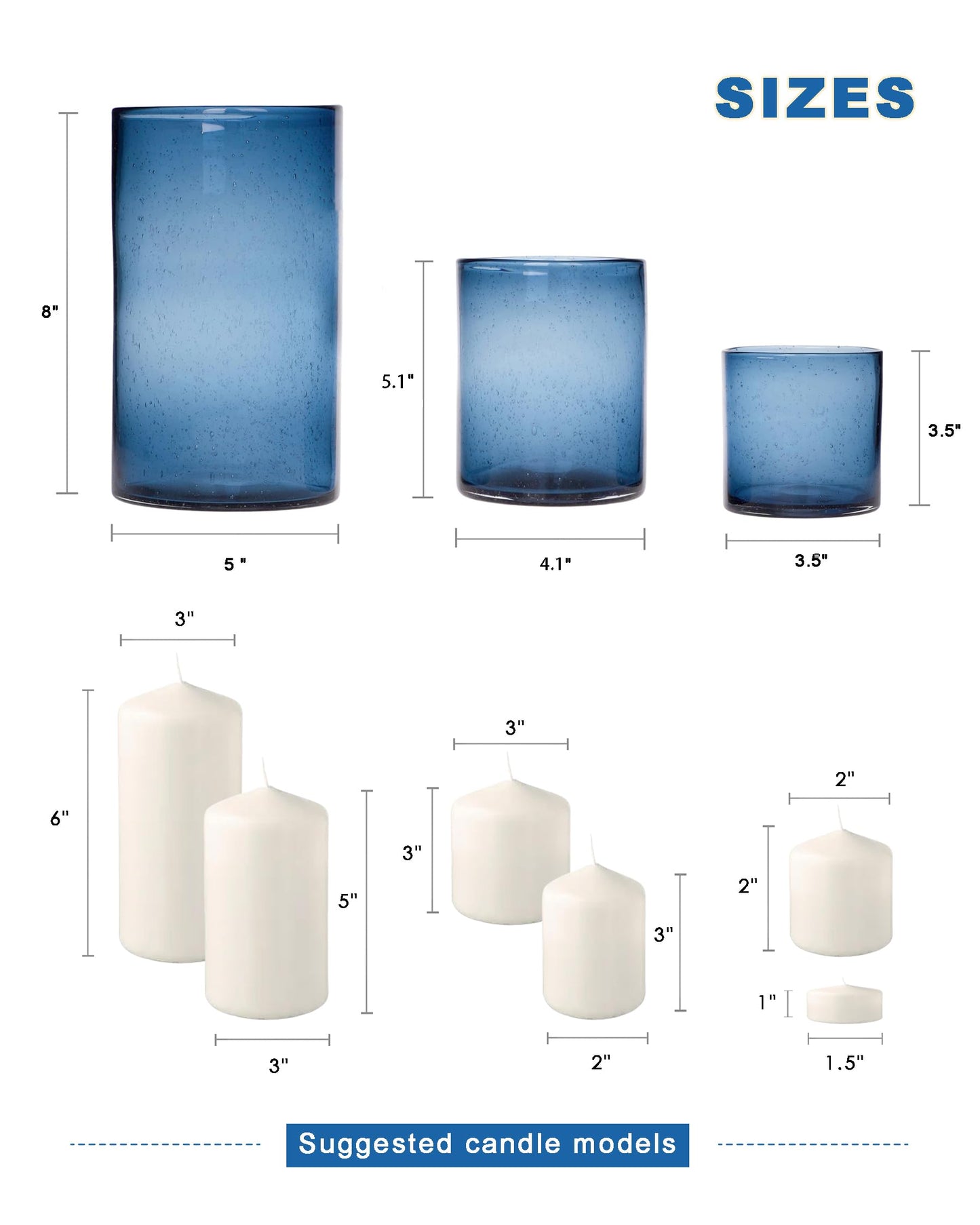 ARIAMOTION Blue Candle Holder, 8" 5" 3.5" Height Set 3