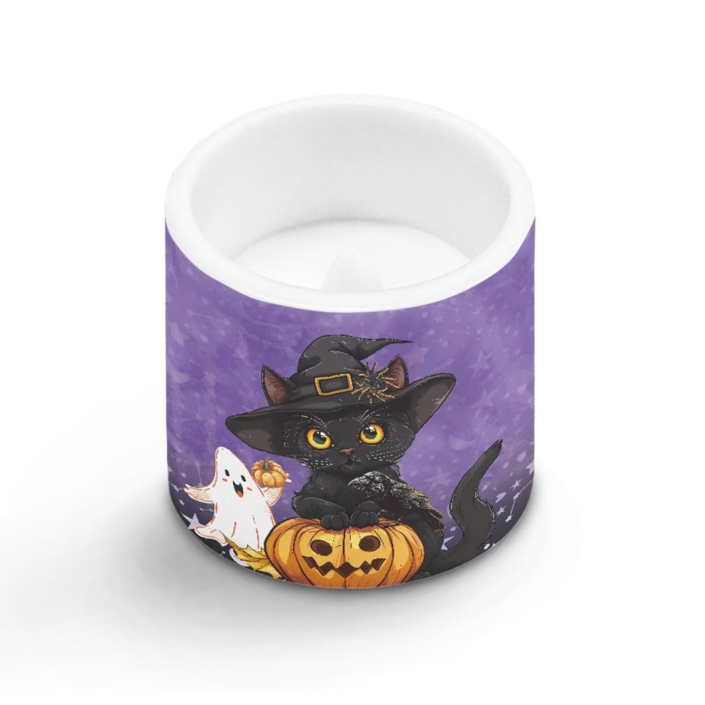 Merkmak Halloween Day Flameless Candles with 18-Key Remote Battery Operated Candles with Timer, Ghost Black Cat Pumpkin Print Flickering LED Elictric Pillar Tealights for Party Banquet