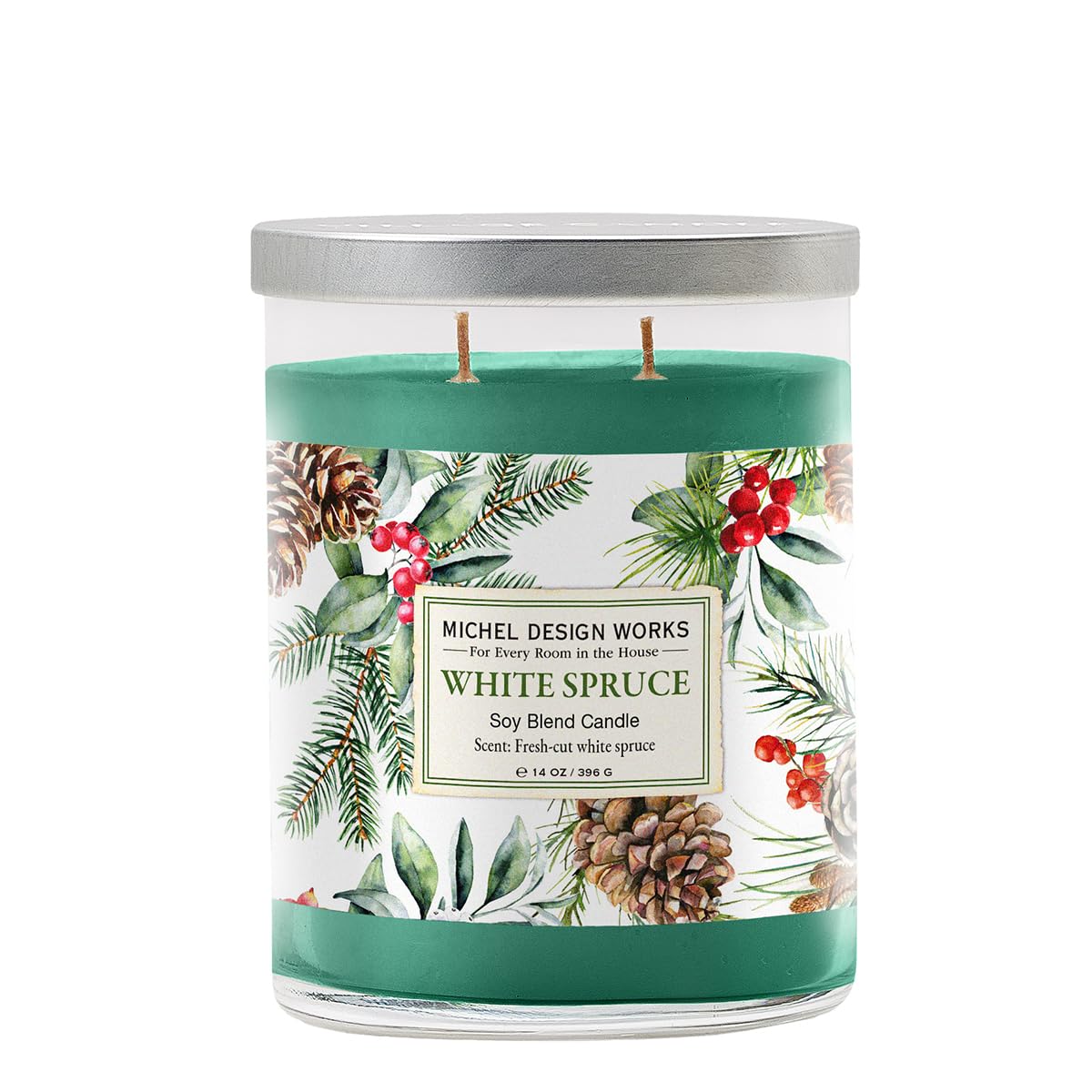 Michel Design Works White Spruce Scented Candle, 14 oz Soy Blend Dual Wick Candle, Glass Jar with Lid, 75 Hour Burn Time, Fresh Evergreen Holiday Home Fragrance Gift