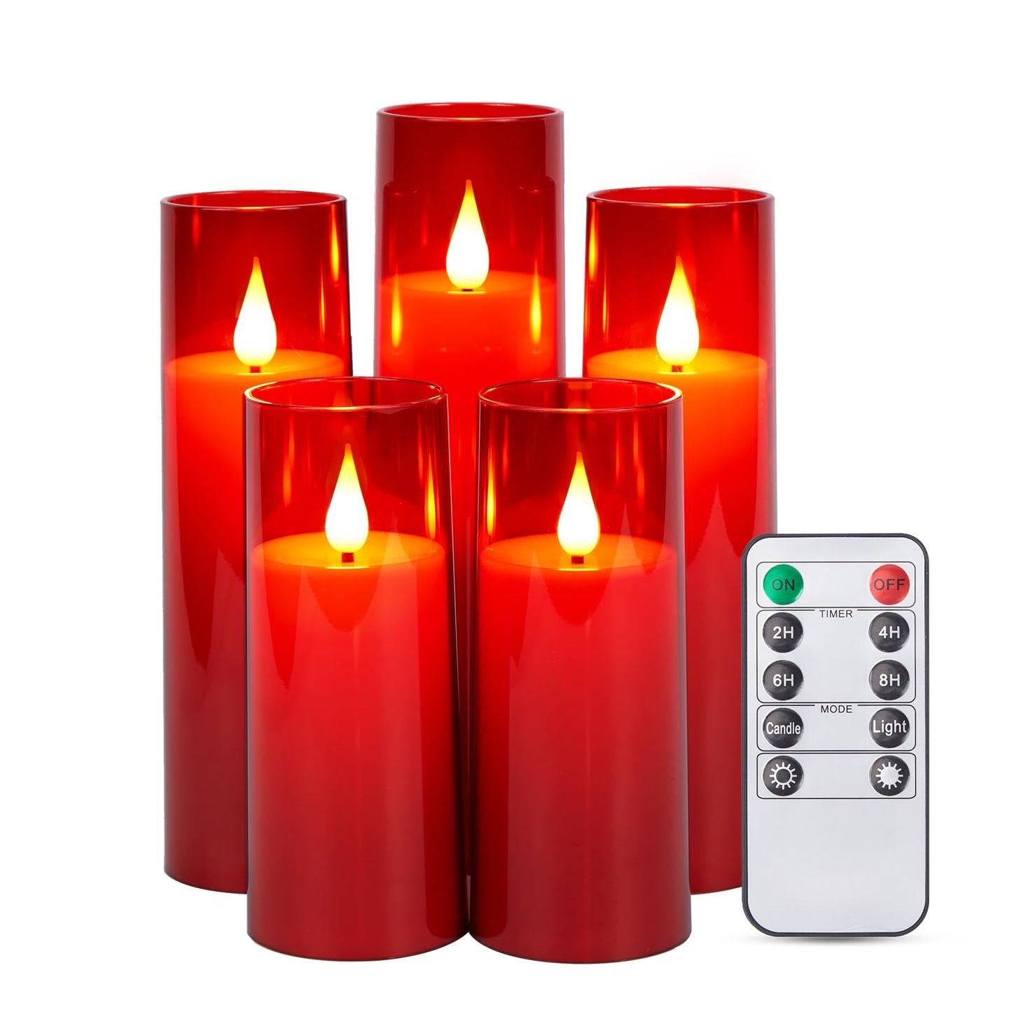 IMAGE Flickering Flameless Candles Battery Operated, Acrylic Shell Pillar 3D Wick LED Candles with 10-Key Remote Control Timer for Wedding Christmas Home Decor Set of 5 (D2.3 in X H5 5 7 7 8 in), Red