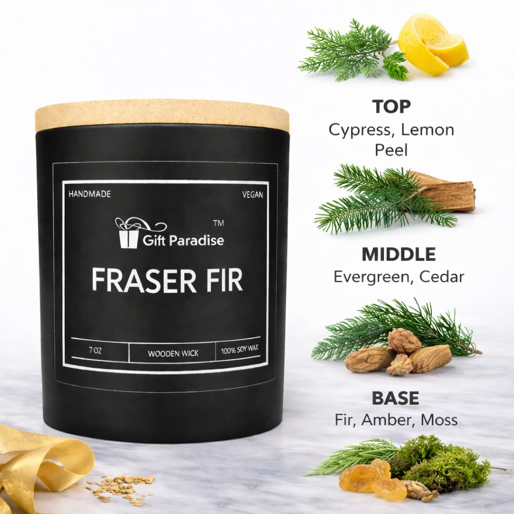 Gift Paradise® Fraser Fir Scented Candle – 7 oz Soy Wax with Crackling Wooden Wick & Wooden Gift Box | Fresh Pine & Evergreen Aromatherapy Candle for Self-Care, Home Refresh & Valentine’s Day Gifting
