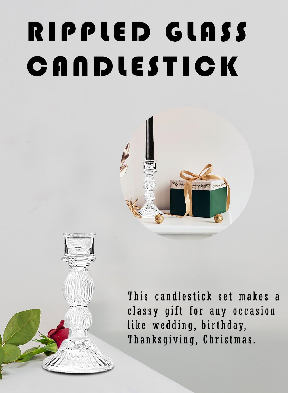 Serene Spaces Living Set of 6 Ribbed Glass Candlestick Holders, Fluted Glass Taper Candleholder for Weddings, Events, Dinner Table, Measures 6" Tall & 3" Diameter