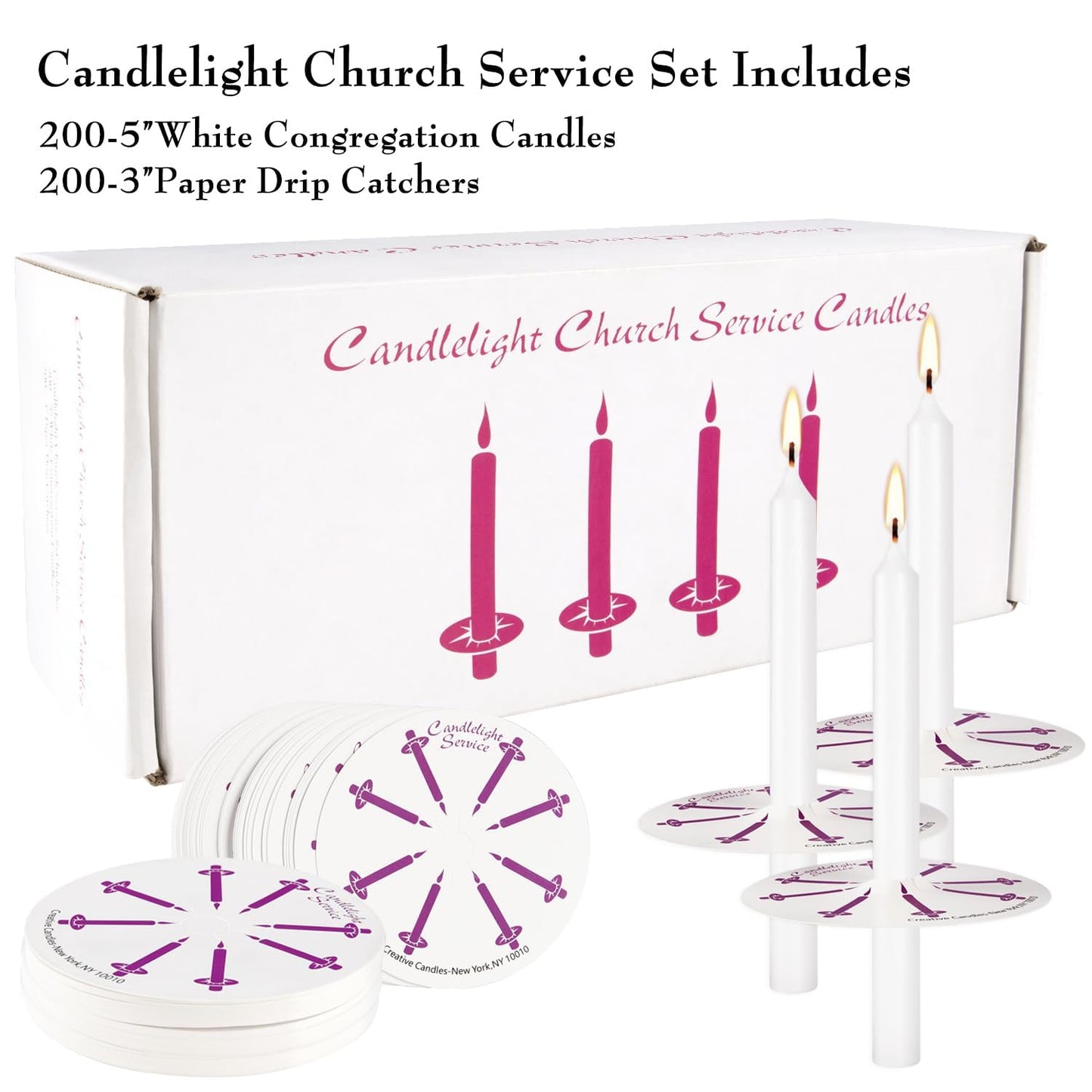 Grcdoyvl 200 White Church Candles with Drip Protectors for Devotional Candlelight Vigil Service, Box of 200 Candles, Unscented White 5" H X 1/2" D, No Smoke