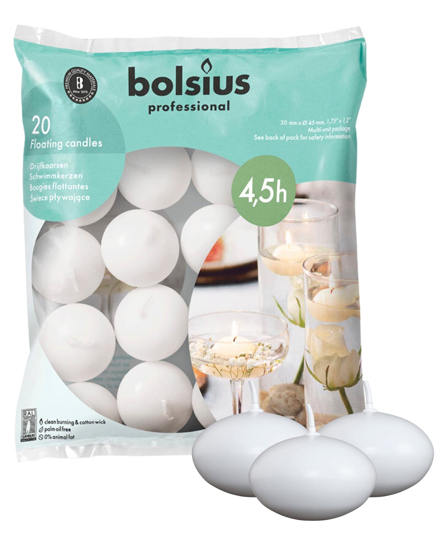 Bolsius White Floating Candles 1.75 Inch, 20 Pack Candle Set – 4,5 Hours Burn Time – Premium European Quality – Smokeless & Dripless Smooth Flame – 100% Cotton Wick – Beach, Wedding, & Party Accessory