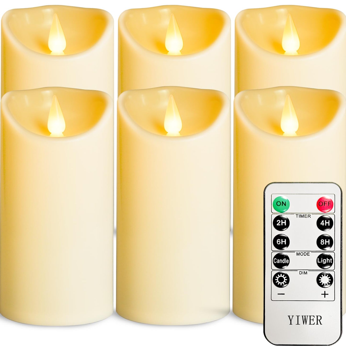 YIWER Plastic Battery Operated Candles,Pack of 6 Flameless LED Candle with 10 Key Remote and Timer Electric Fake Flickering Light D3”H6” Last 200 Hour