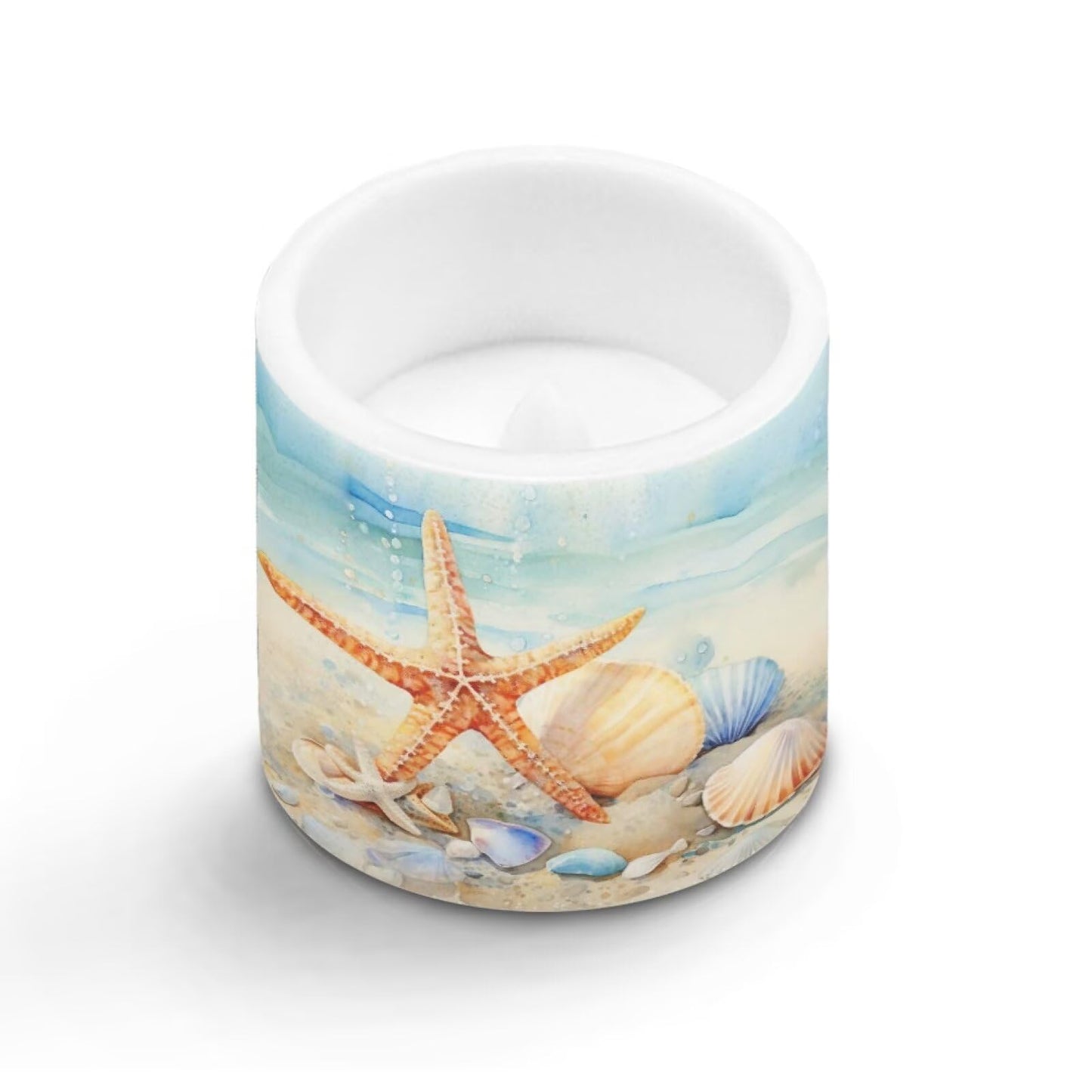 Merkmak 4 Pcs Coastal Flameless Candles Bulk with Remote Battery Operated Pillar Candles with Timer Painting Starfish Shell LED Tea Lights for Beach Theme Home Bathroom Bedroom Decorations