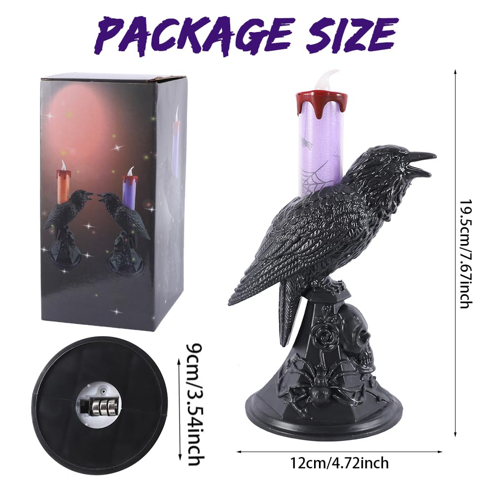 2Pack/Set LED Raven Halloween Flameless Candles, Black Crow Skull Statue Candlestick, Purple and Orange Glowing Light Flickering Candle Holder Halloween Table Lamp Scary Ornaments Home Decorations