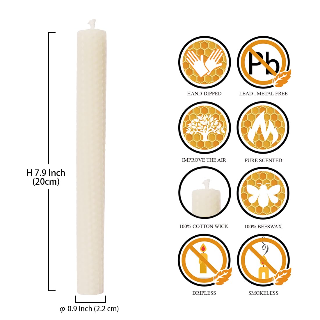DEYBBY Handmade Beeswax Taper Candles, Dripless Wax Candles, Hand-Rolled Honeycomb Candles for Dinner Party, Set of 12 Flat Top（Cream White）