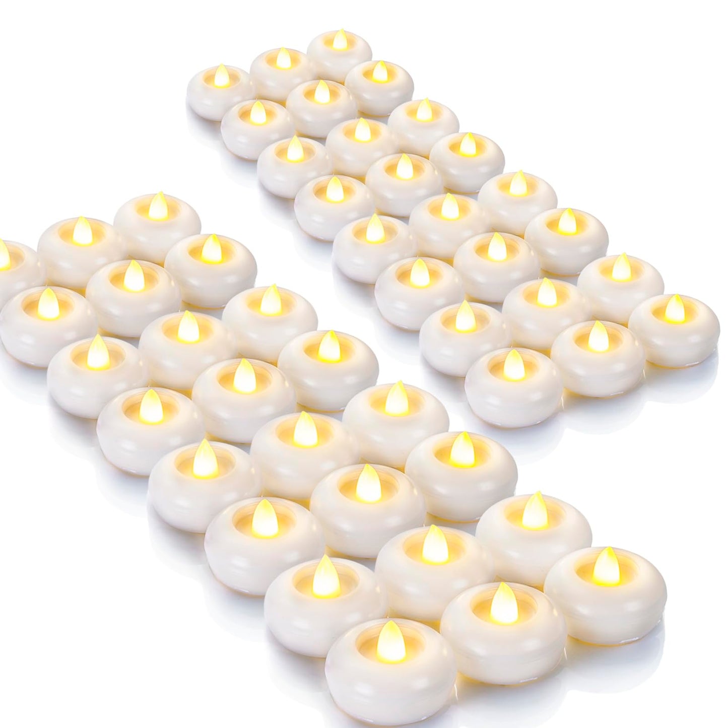Homemory 48Pack 2” Flameless Led Floating Candles, 200 Hour Plastic Battery Operated Flickering Waterproof Tealights for Cylinder Vases, Centerpieces at Wedding, Party, Pool, Holiday (White Base)