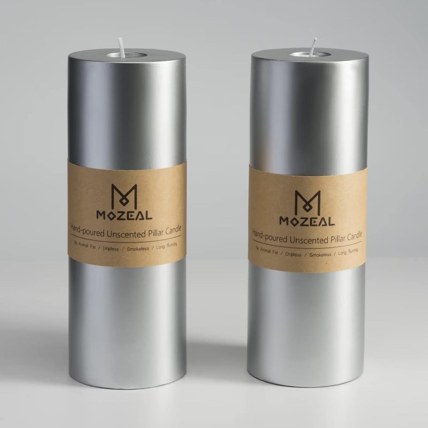 MOZEAL 3" x 8" Hand-Poured Unscented Large Candle,Smokeless Rustic Pillar Candle Set of 2,Slow Burn,No Drip,Approx 150 Hours Burning,Wedding,Dinner,Christmas and Home Decorative,Tall Silver Candle