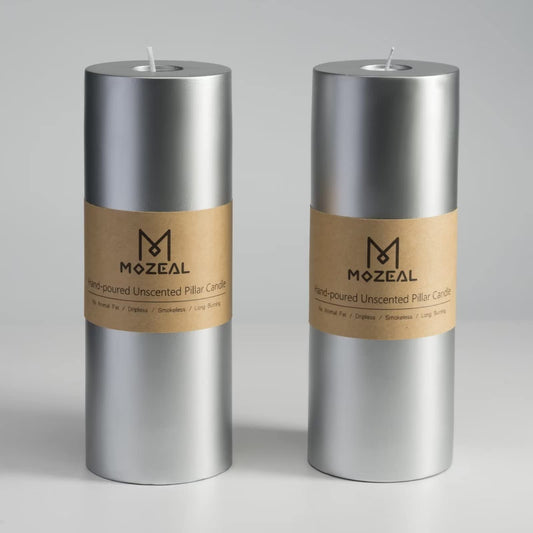 MOZEAL 3" x 8" Hand-Poured Unscented Large Candle,Smokeless Rustic Pillar Candle Set of 2,Slow Burn,No Drip,Approx 150 Hours Burning,Wedding,Dinner,Christmas and Home Decorative,Tall Silver Candle