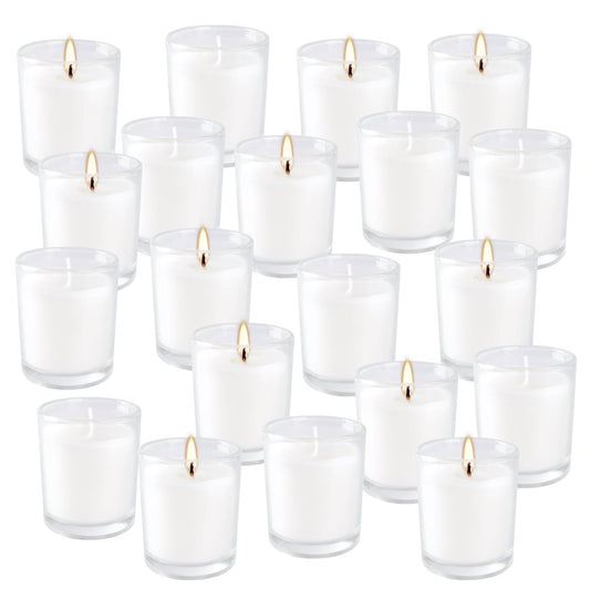 Wfmolcand 20 Pack Unscented White Clear Glass Filled Votive Candles | Soy Wax, Smokeless, Hand Poured Wax Candles Ideal for Aromatherapy, Spa, Weddings, Birthdays, Holidays & Party Decor