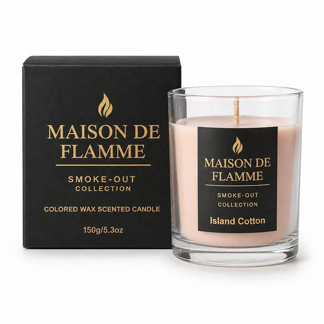Fresh Linen Scented Candle, Soy Wax Candle for Bathroom, Powder Room & Bedroom, Up to 30 Hour Burn Time, Giftable, Sea Breeze Jasmine and Soft Musk Fragrance, Island Cotton, 5.3 oz – Maison De Flamme