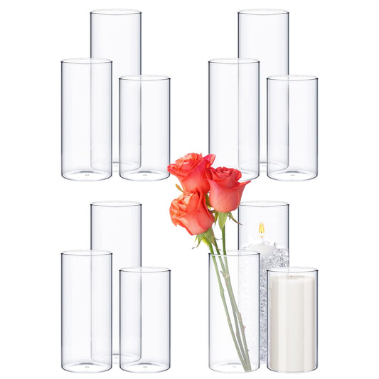 Didaey 12 Pcs Thin Cylinder Vases Set for Centerpieces 2.5'' Diameter 2mm Thickness Clear Glass Vase Hurricane Floating Candle Holder for Wedding Table Decoration (2.5'' X 5'',6'',8'')