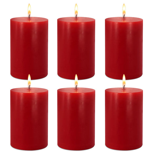 2.75“ x 4” Hand Poured Unscented Candles, Red Dripless Pillar Candles Set of 6, Long Burning, Clean and Neat, Burn Time Approx. 90 Hours, Rustic, Weddings, Dinner Parties, Christmas, and Home Décor