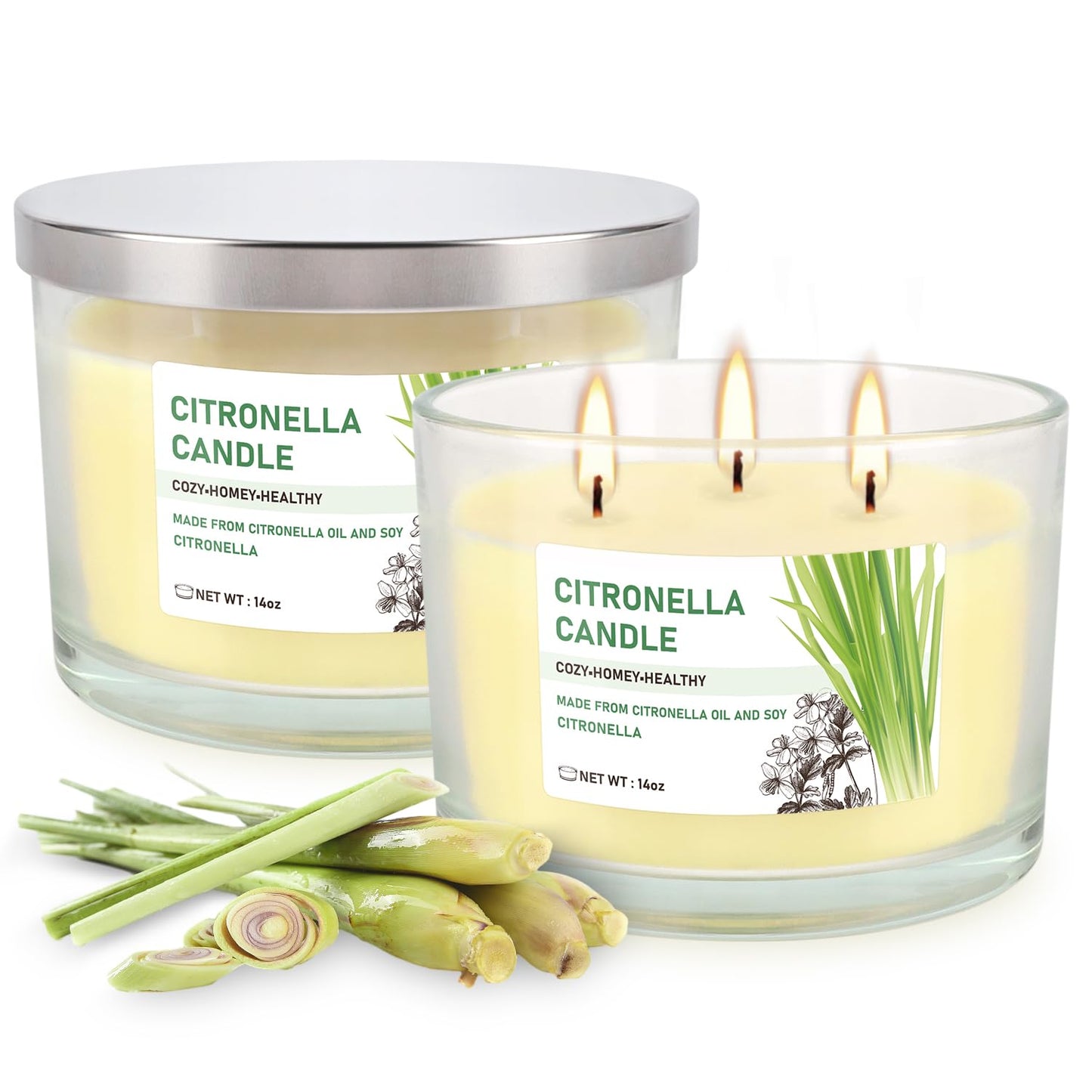 Citronella Candle Outdoor 2-Pack - 14oz Each 3-Wick Candles in Clear Glass Jars, Made with Citronella Oil & Soy Wax for Patio, Camping, Backyard, Emergency & Outdoor Ambiance.