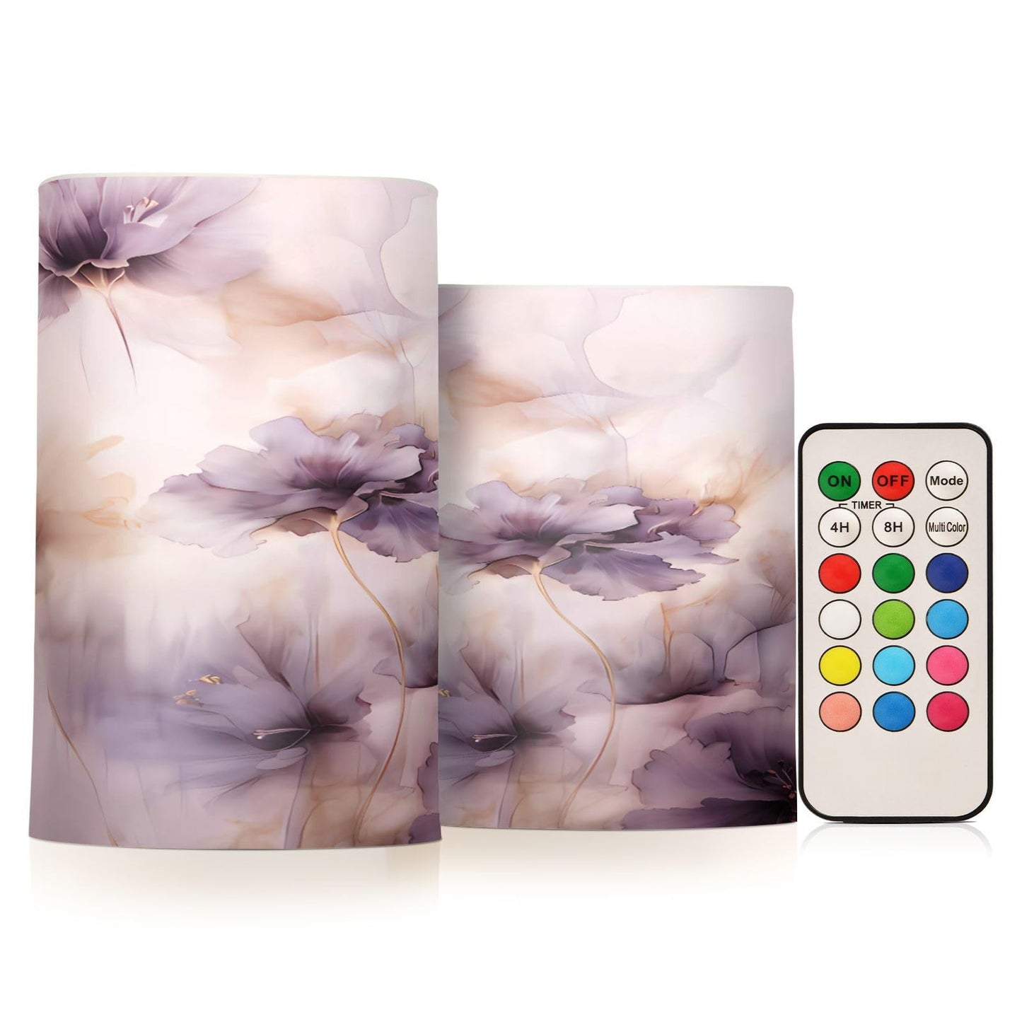 ALAZA Purple Flowers Flickering Flameless Candles Battery Operated with Remote Timer,Tea Light Candles LED Pillar Votive Candles Set of 2 for Outdoor Indoor Decorations