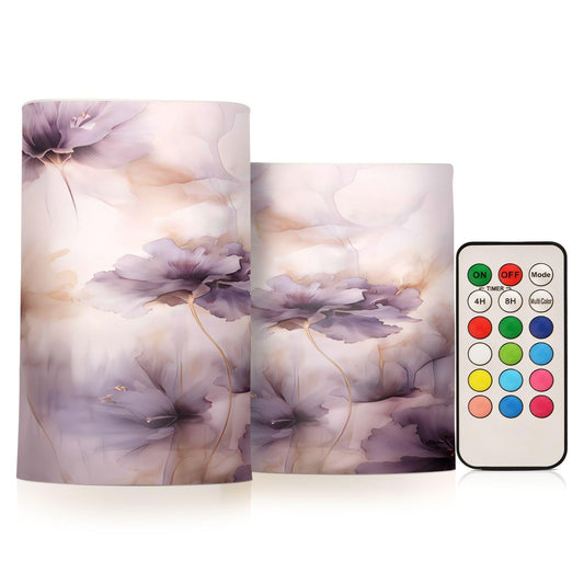 ALAZA Purple Flowers Flickering Flameless Candles Battery Operated with Remote Timer,Tea Light Candles LED Pillar Votive Candles Set of 2 for Outdoor Indoor Decorations