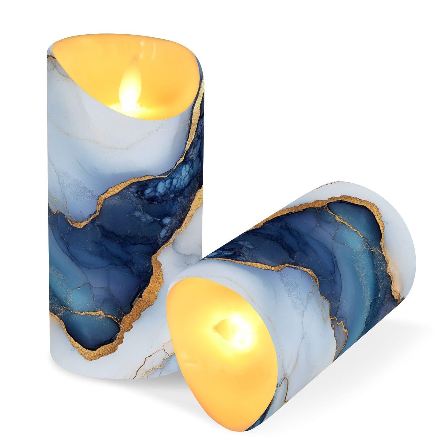 famyily Pillar Flameless Candles Set of 2 Battery Operated Candles for Living Room 5.9x3in - Marble White Navy Blue